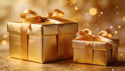 Elegant gold gift boxes with satin ribbons and bokeh lights, perfect for celebrations