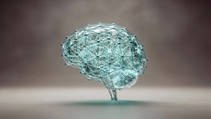 A wireframe model of a human brain made of blue lines and nodes on a gray background