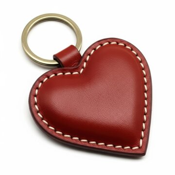 Handcrafted leather heart keychain with gold ring attachment isolated on white background