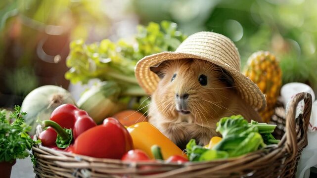 Adorable guinea pig with hat, surrounded by colorful vegetables in basket