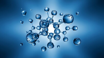 A vibrant molecular structure of water droplets against a blue gradient