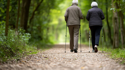 Elderly couple strolling through the woods, enjoying nature with hiking poles. The gravel path meanders through the trees, a peaceful way to spend time outdoors together.