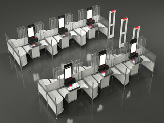 Top view of self-service checkouts and anti-theft gates. 3d illustration on grey background
