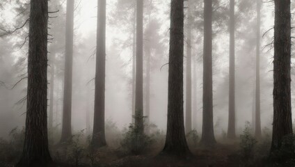 Dense, misty forest scene with tall, straight trees. Sunlight filters faintly through fog