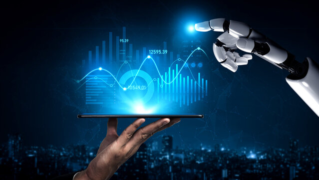 A robotic hand interacts with a data visualization displayed on a tablet, symbolizing advanced technology and digital transformation in business analytics and innovation. Scalp - Powered by Adobe