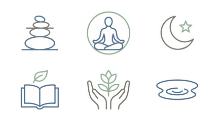 Wellness icons representing balance meditation nature and serenity