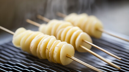 Savor the simple joy of potato spirals on skewers, a culinary delight! These twisted treats, lightly seasoned and grilled, offer a satisfying snack with every bite.