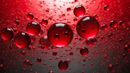 Vibrant red water droplets create a stunning abstract composition with light reflections