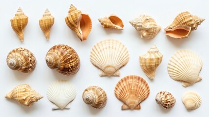 Fototapeta premium Seashell Symphony Collection of Beach Treasures on White Background.