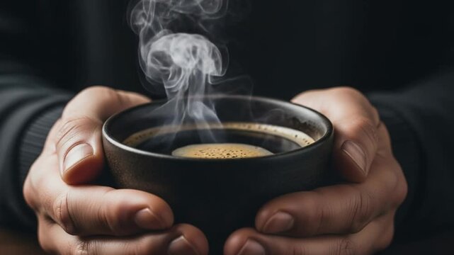 A person cradling a steaming hot cup of coffee in their hands on a dark background