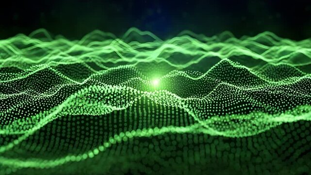 Abstract green particle wave landscape representing data flow and technology
