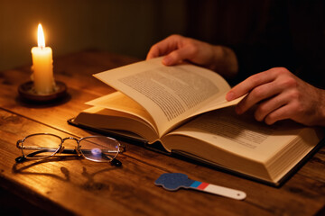 Hands turning book page by candlelight on table.
