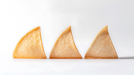 Three tan triangular crunchy snacks lined up in a row on a solid white background. The golden brown snacks have a slightly curved top edge, creating a unique profile against the clean backdrop.
