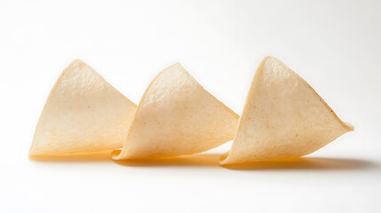 Three tortilla chips are arranged in a row, slightly overlapping. The chips are pale yellow and triangular, against a white background. The image suggests a light snack or appetizer.