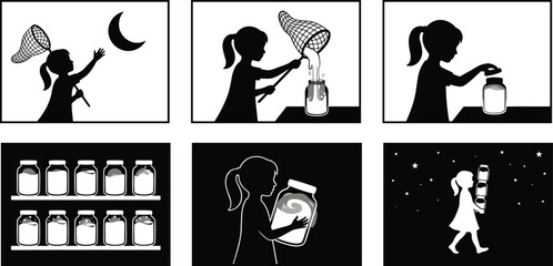 Silhouette girl catching moon and storing night sky in jars, magical constellation fantasy story sequence illustration, imaginative childhood dream vector artwork