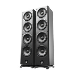 Fototapeta premium A pair of sleek. modern black floor-standing speakers high-fidelity sound technology. positioned on a minimalist white background. ideal for home audio setups and music enthusiasts