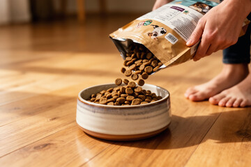 Hand pouring kibble into ceramic pet bowl.