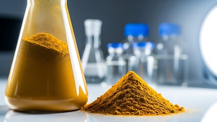 Laboratory setting with yellow powder flasks and scientific research equipment