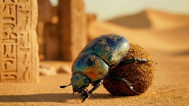 Scarab beetle rolling dung in ancient egypt desert