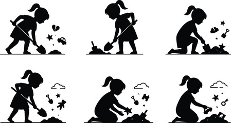 Silhouette girl playing in sand digging with shovel, discovering toys and stars, childhood imagination, creative outdoor play activity illustrationSilhouette girl playing in sand digging with shovel © Md