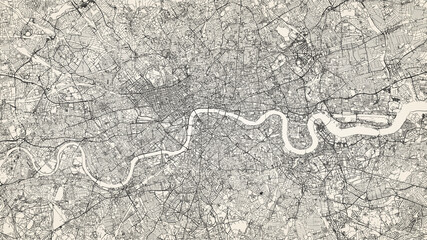 City street map of Greater London area, UK, in black and light beige. High resolution full frame minimalist poster style road map or urban street plan of London. Vintage look. © tuomaslehtinen