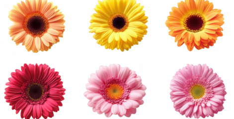 A arrangement of gerbera daisies in various colors. their unique shapes and textures against a clean white background. perfect for floral-themed design projects