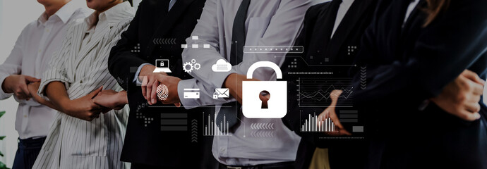 A group of professionals stands together, symbolizing unity and strength in a corporate environment. Digital security icons in the backdrop emphasize the importance of cybersecurity. Trope