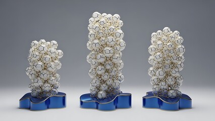 Three abstract sculptures composed of white spheres on blue pedestal bases