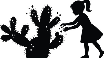 Silhouette girl reaching toward sparkling cactus plant, symbolizing curiosity, childhood wonder, exploring nature, learning boundaries and discovering environment illustration art © Md
