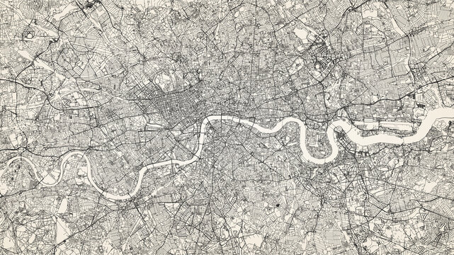 City street map of Greater London area, UK, in black and light beige. High resolution full frame minimalist poster style road map or urban street plan of London. Vintage look.