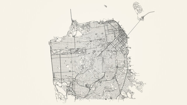 City street map of San Francisco, USA, in black and light beige. High resolution full frame minimalist poster style road map or urban street plan of San Francisco. Vintage look.