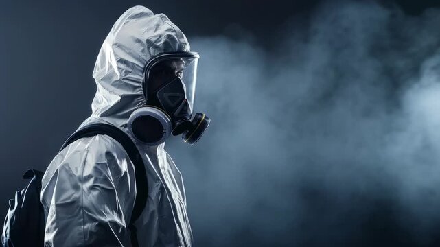 Person in hazmat suit and gas mask, dark background