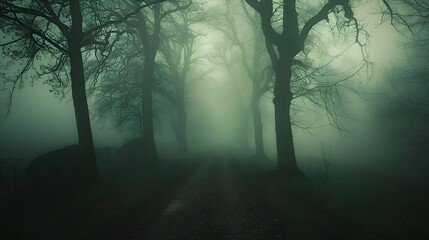 Mysterious spirits in foggy forest with eerie green glow