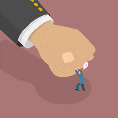 Fototapeta premium 3D Isometric Flat Vector Illustration of Big Fist, Small Man Challenges Giant Corporation With Innovative Business Idea