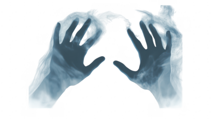 A pair of silhouetted hands reaching out through a misty. ethereal fog. creating a sense of mystery and intrigue. ideal for themes of spirituality and the supernatural