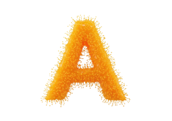 Macro shot of vibrant orange juice liquid dynamically frozen mid-air in an explosive splash forming the capital letter 'A', isolated on a white studio background. concept for beverage advertising