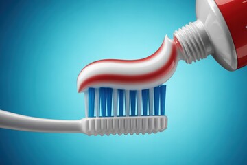 Close up macro shot of red white striped toothpaste squeezed onto blue toothbrush bristles image