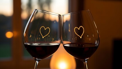 Two Red Wine Glasses Toasting With Hand-Drawn Hearts Romantic Celebration.
