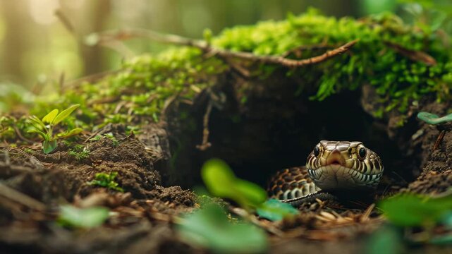 Snake peering from burrow in lush forest
