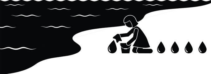 Silhouette of girl kneeling at shoreline collecting water drops into bucket, creative environmental conservation concept, saving ocean illustration
