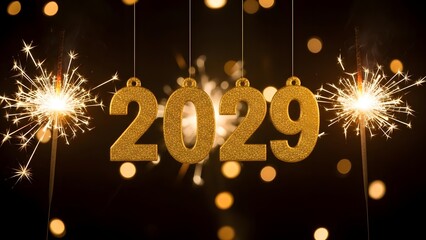 New Year 2029 Celebration with Golden Numerals and Bright Sparklers on a Dark Background
