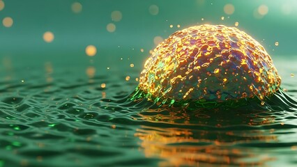 A luminous golden orb emerges from dark rippling water with bokeh effects