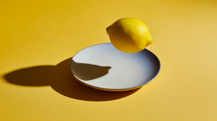 Whole yellow lemon floating on a white plate, concept of lightness and freshness