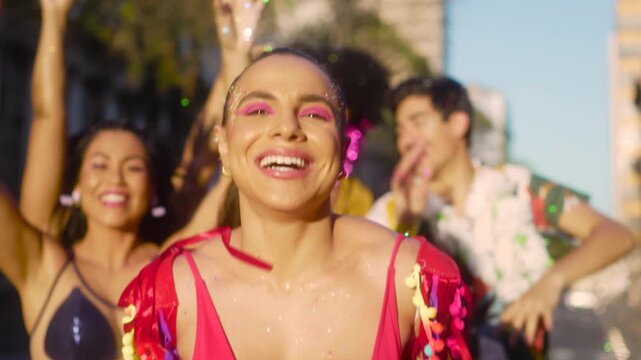 Joyful Celebration: Radiant Smiles and Vibrant Dance at Brazilian Street Carnival