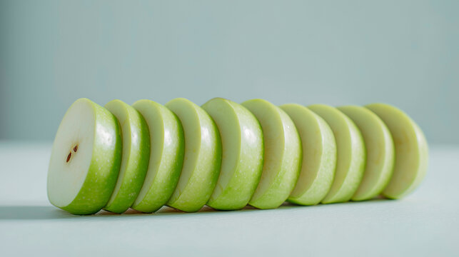 Green apple cut into equal slices and aligned consecutively, concept of routine and healthy planning