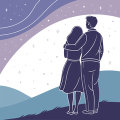 Romantic couple standing together and looking at the starry night sky, minimalist illustration of love and togetherness.