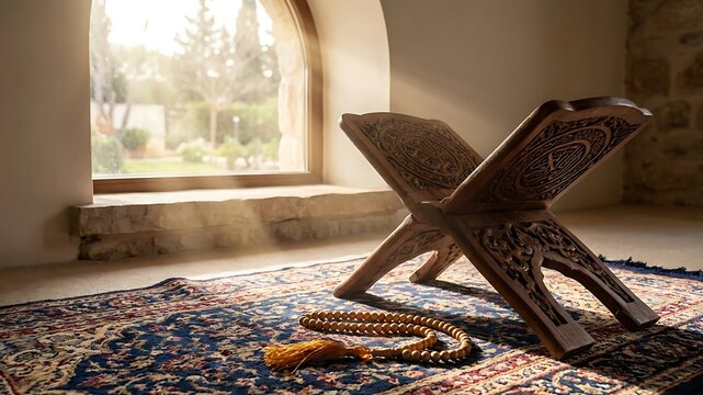 Traditional Rehal and Tasbih on Prayer Rug in Sunlit Interior