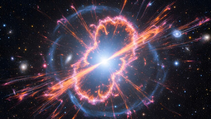Fototapeta premium Cosmic Symphony: A celestial explosion unfolds, with a bright celestial body at its core, surrounded by an intricate display of radiating energy, nebulae, and stellar objects.