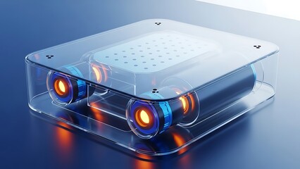 A transparent robotic platform with glowing orange and blue internal components