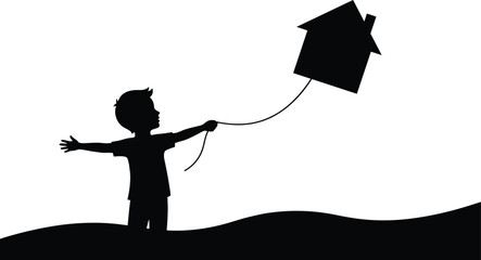 Silhouette of young boy flying a house-shaped kite outdoors, imaginative childhood illustration symbolizing dreams, independence, home and limitless possibilities